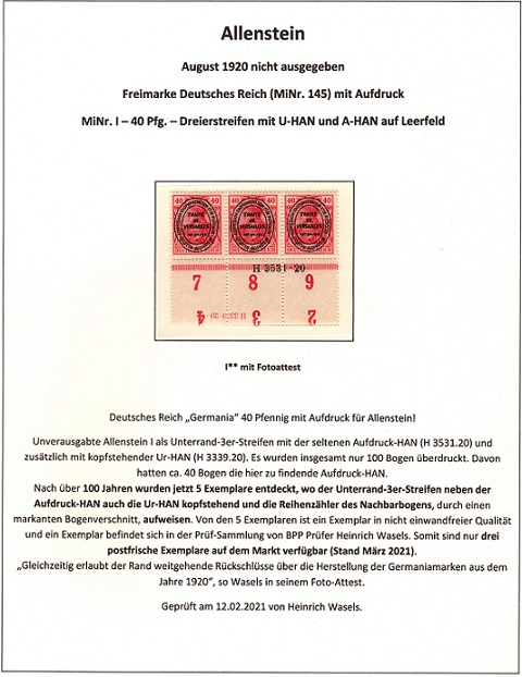 Abstimmungsgebiete Allenstein MiNr. I unverausgabt postfrisch Foto Leerfeld U-HAN A-HAN seltene Marke seltene Briefmarke