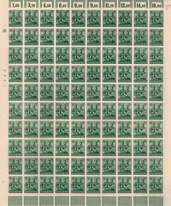 seltene Marken, seltene Briefmarken, Allierte Freimarken, II. Kontrollratsausgabe 01.03.1947, Walzendruck, Komplettbogen MiNr. 949 c** postfrisch, Fotobefund Joachim Bernöft