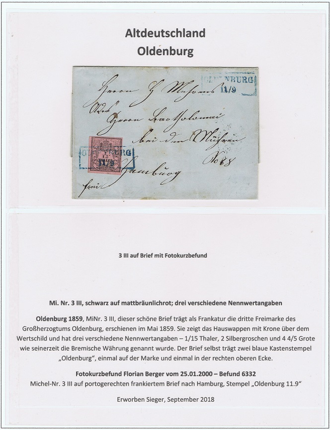 Altdeutschland Oldenburg MiNr. 3 III auf Brief