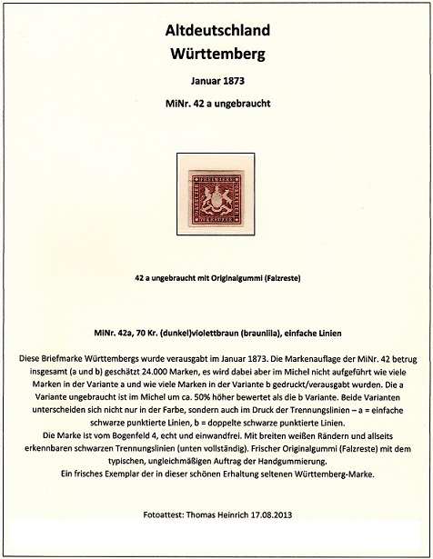 Würtemberg MiNr 42a ungebraucht geprüft seltene Marke seltene Briefmarke