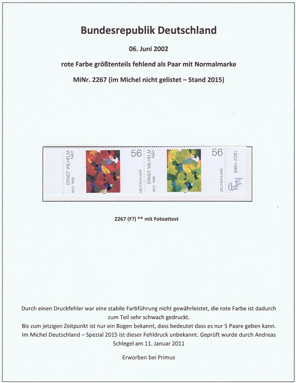 seltene Marken, seltene Briefmarken, BRD MiNr. 2267 postfrisch Farbe Rot fehlend auf der rechten Marke