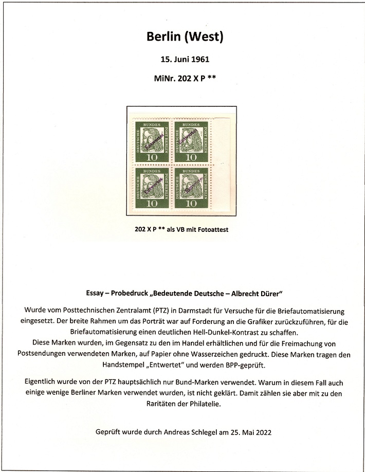MiNr. 202 XP postfrisch Attest Andreas Schlegel 20.07.2022, seltene Marke, als VB Viererblock Rarität; Probedruck Essay