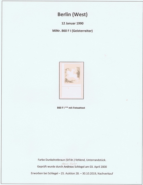 seltene Marken, seltene Briefmarken, Berlin MiNr. 860 FI postrisch Farbe Dunkelrotbraun fehlend Geisterreiter