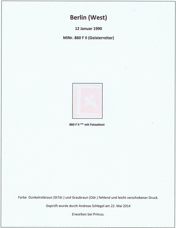 Berlin MiNr. 860 FII postfrisch Farben Dunkelrotbraun und Graubraun fehlend Geisterreiter