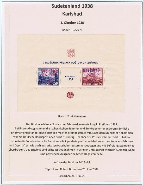 Karlsbad MiNr. Block 1 postfrisch, seltene Marken, seltene Briefmarken
