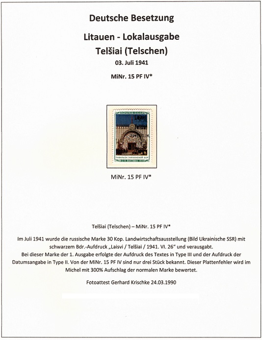 Besetzung 2. Weltkrieg II. WK MiNr. 15 PF IV Telschen Telsiai ungebraucht nur drei Exemplare bekannt Fotoattest Gerhard Krischke