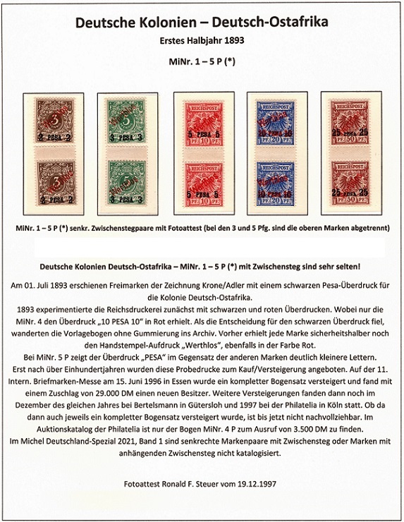 seltene Marken, seltene Briefmarken, Kolonien Deitsch-Ostafrika MiNr 1 - 5 P als senkrechte Zwischenstegpaare ungebraucht Attest Ronald F. Steuer
