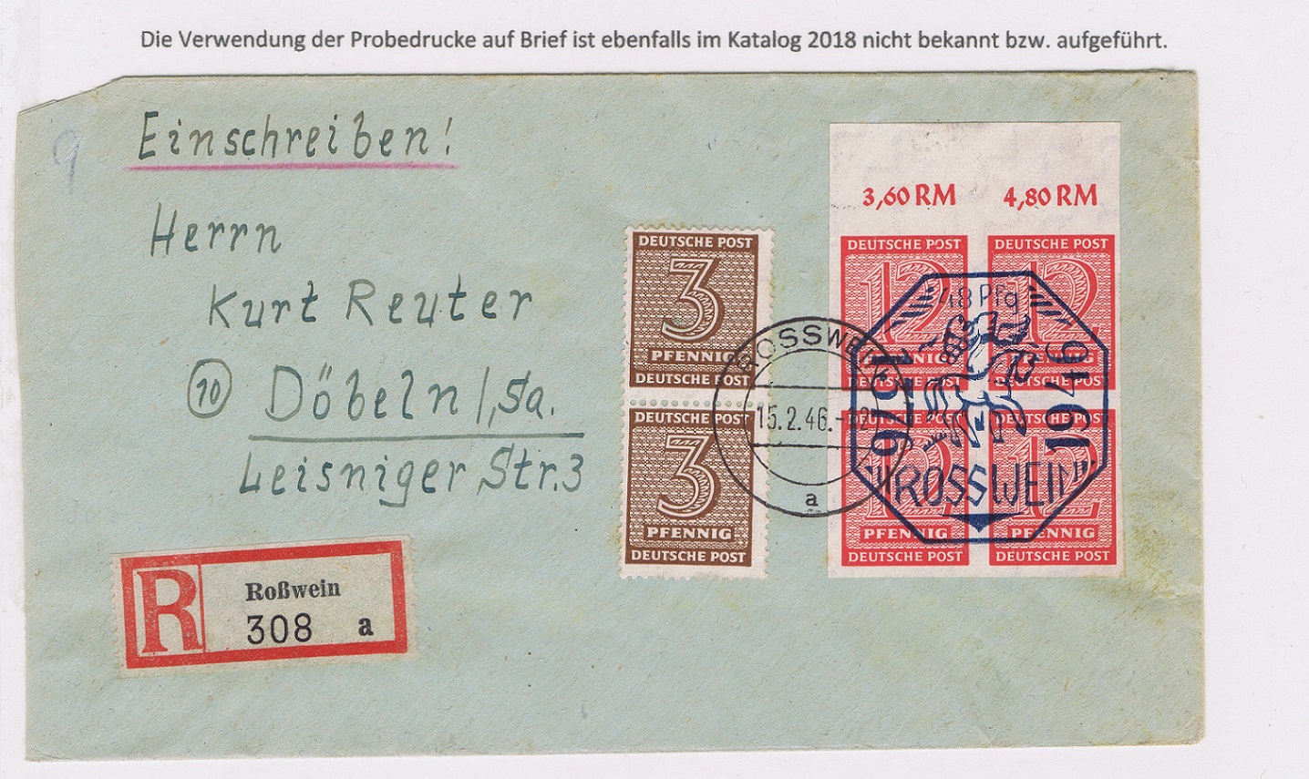 Roßwein Probedruck Blau ungezähnt auf Brief, seltene Marken, seltene Briefmarken