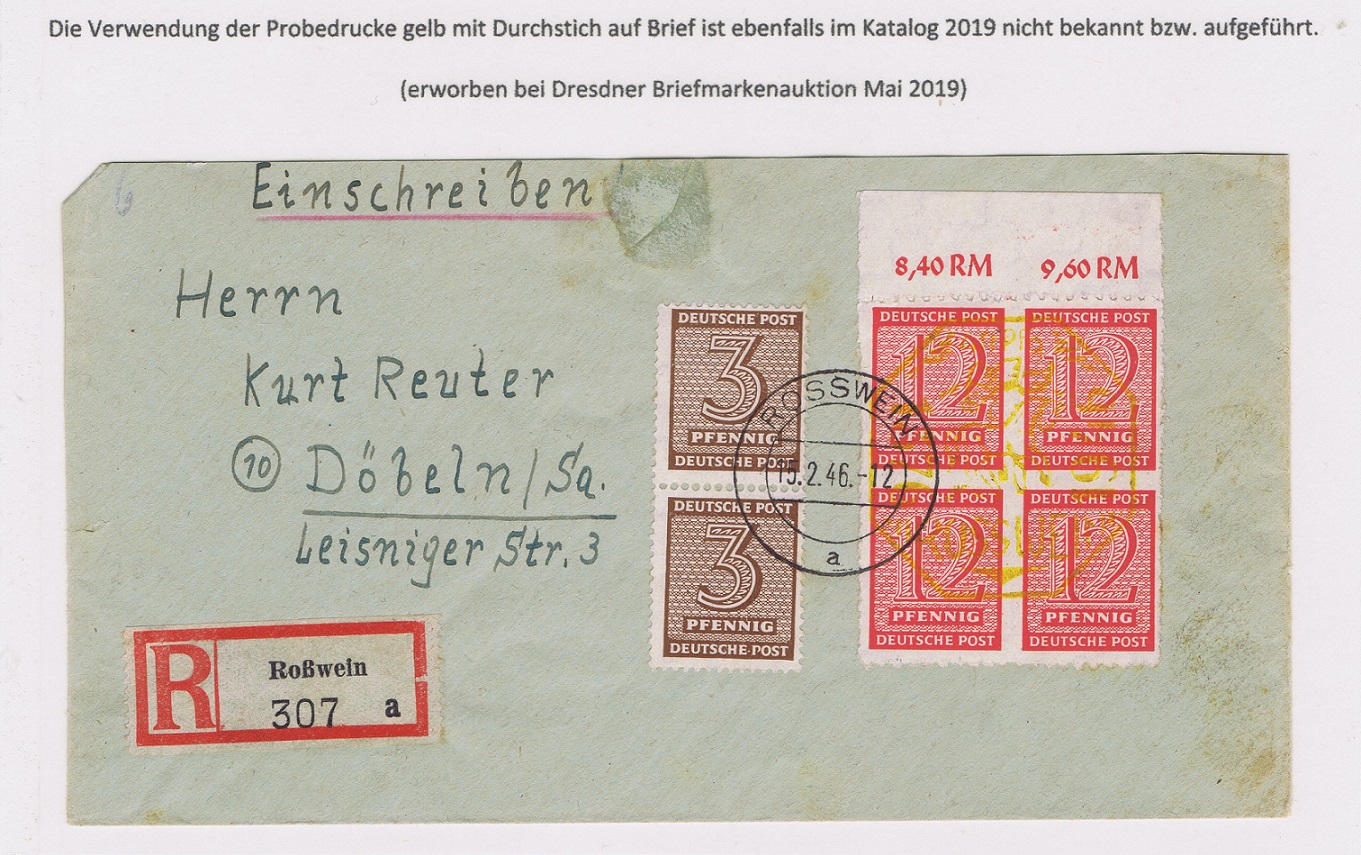 Probedruck Roßwein Gelb durchstochen auf Brief, seltene Marken, seltene Briefmarken