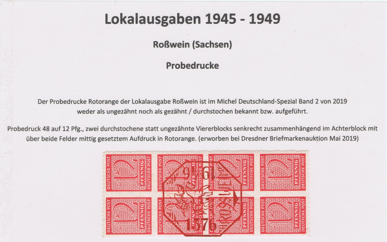 seltene Marken, seltene Briefmarken, Roßwein Probedruck durchstochen Rotorange postfrisch auf Achterbloch Aufdruck Mittig