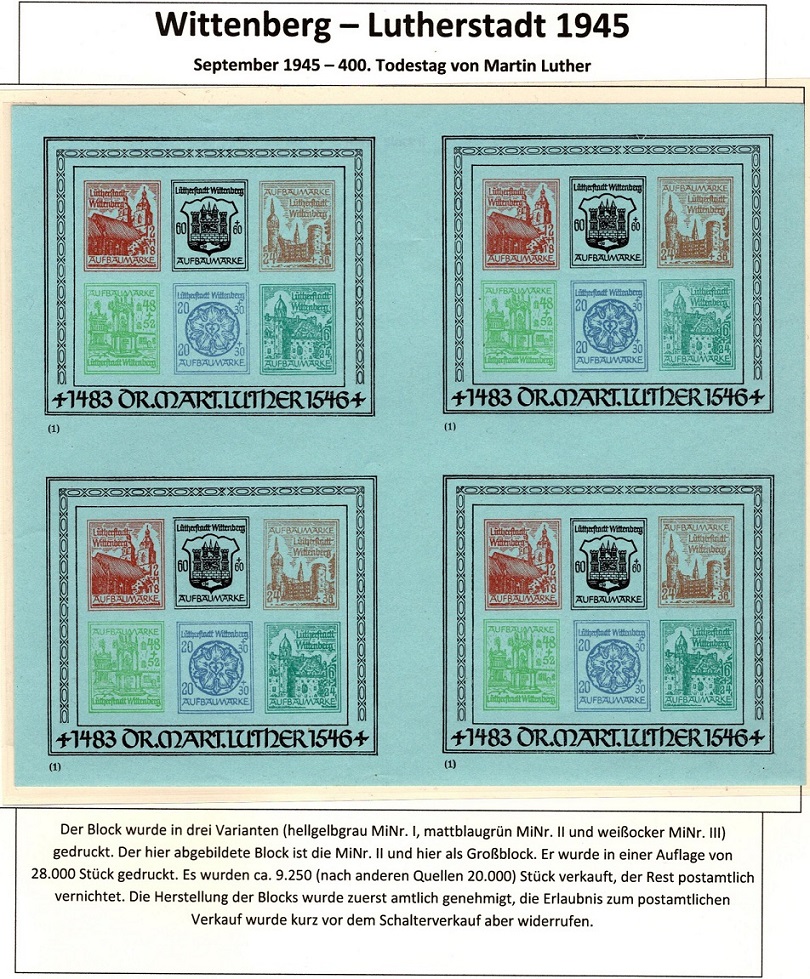 seltene Marken, seltene Briefmarken, Wittenberg-Lutherstadt Großblock II Ausgabe 1945 Lokalausgabe nichtamtlich