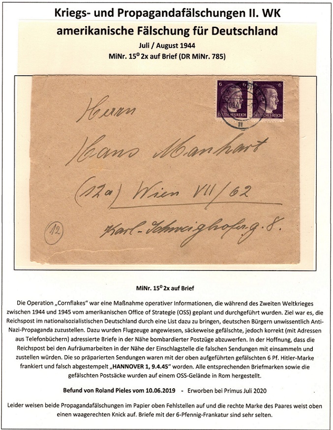 amerikanische Propagandafälschung MiNr. 15 2x auf Brief, Fotoattes Roland Pieles