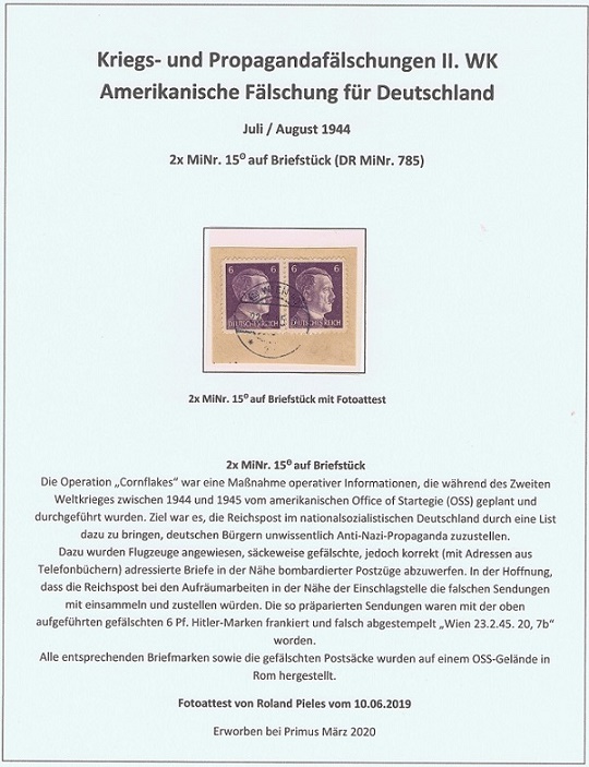 amerikanische Kriegs- und Propagandafälschung II. Weltkrieg auf Briefstück als paar MiNr. 15