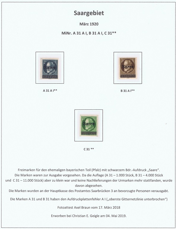 Saargebiet A 31 A I; B 31 A I; C 31 - alle postfrisch, seltene Marken, seltene Briefmarken