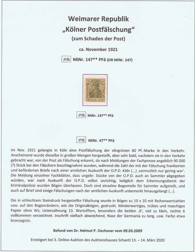 Kölner Postfälschung 1921 postfrisch MiNr. 147 mit Fotoattest