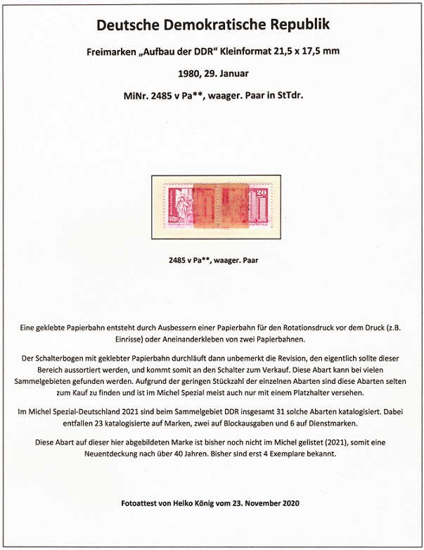 seltene Marken, seltene Briefmarken, DDR MiNr. 2485 v Pa, postfrisch, geklebte Papierbahn, nicht katalogisiert, Fotoattest Heiko König