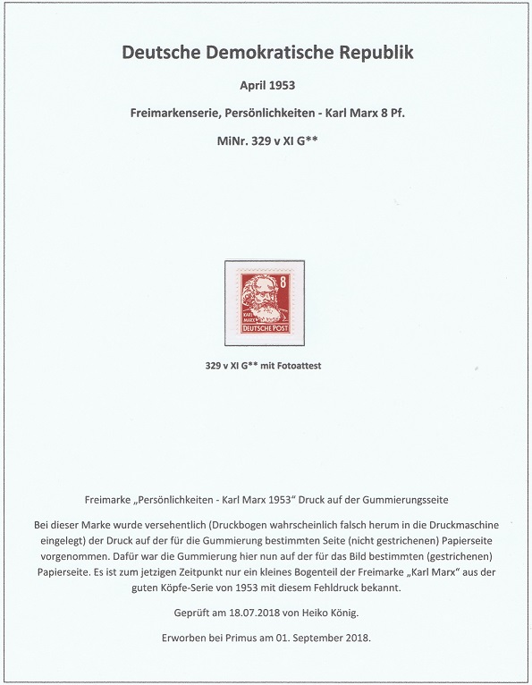 DDR MiNr. 329 v XI G postfrisch auf Gummierungsseite, seltene Marken, seltene Briefmarken