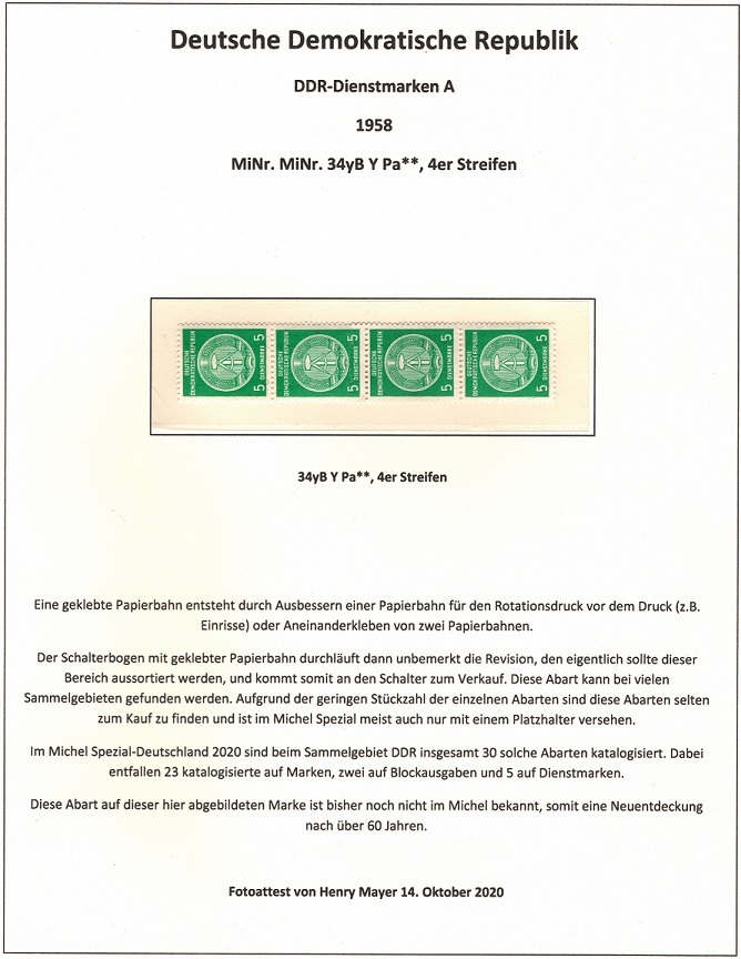 DDR Dienst A, MiNr. 34yB Y Pa, postfrisch, 4er Streifen, Fotoattest Henry Mayer 2020
