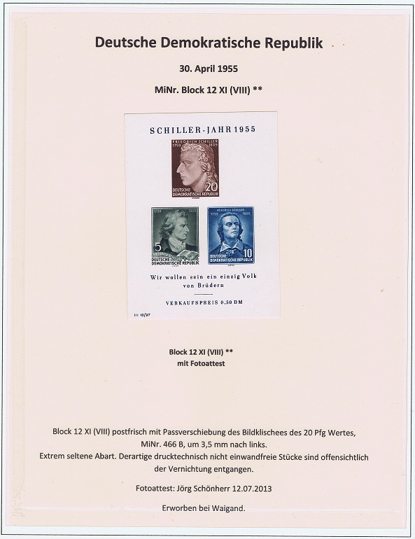 seltene Marken, seltene Briefmarken, DDR Bl. 12 XI (VIII) verschobene Marke postfrisch. Schillerblock