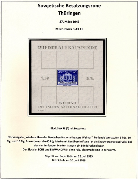 Thüringen MiNr. Block 3 AX FII blinddruck, seltene Marke seltene Briefmarke geprüft Fotoattest