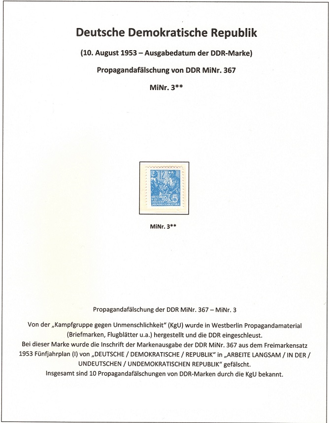 Propaganda Marke, DDR MiNr. 3 postfrisch, gefälscht DDR Marke MiNr. 367